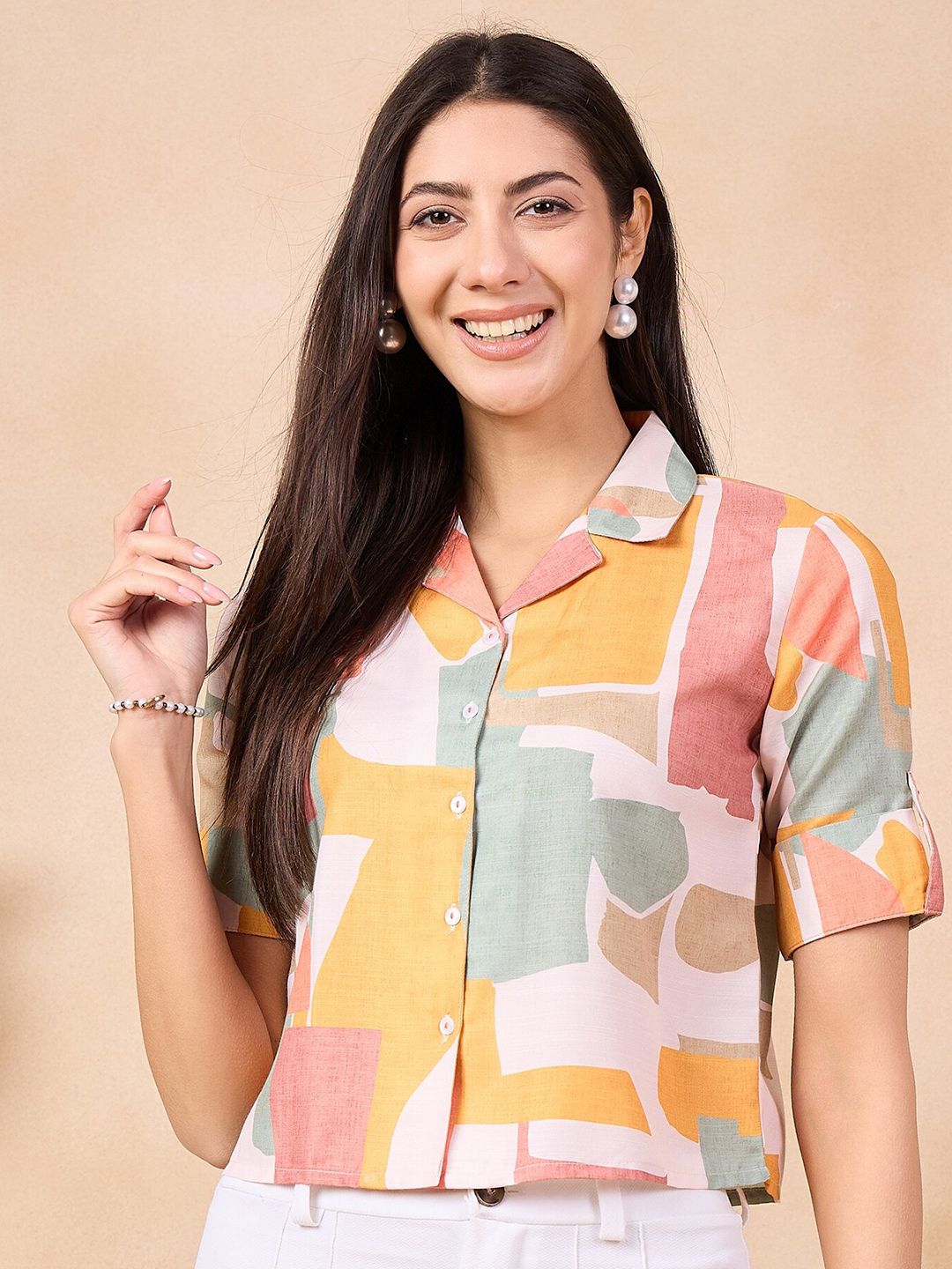 Anouk Geometric Print Roll-Up Sleeves Cotton Shirt Style Top