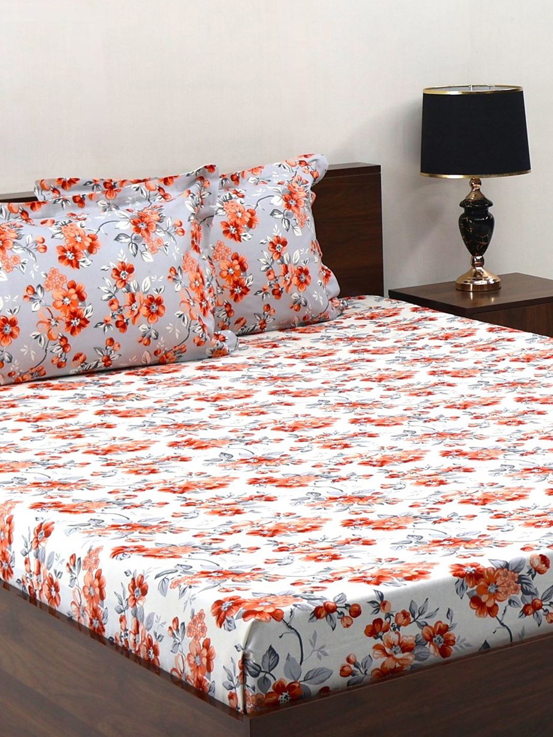 BOMBAY DYEING Blumen Brown Floral 104 TC Cotton Queen Bedsheet Set-2.24 m X 2.54 m