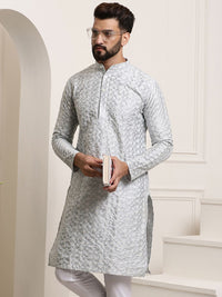 SOJANYA Men Grey & White Geometric Embroidered Straight Kurta