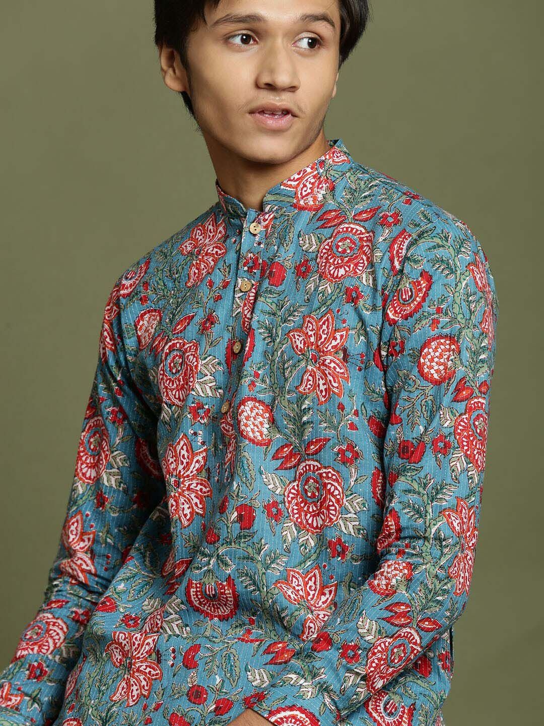 VASTRAMAY Floral Printed Regular Mandarin Collar Pure Cotton Kurta with Pyjamas