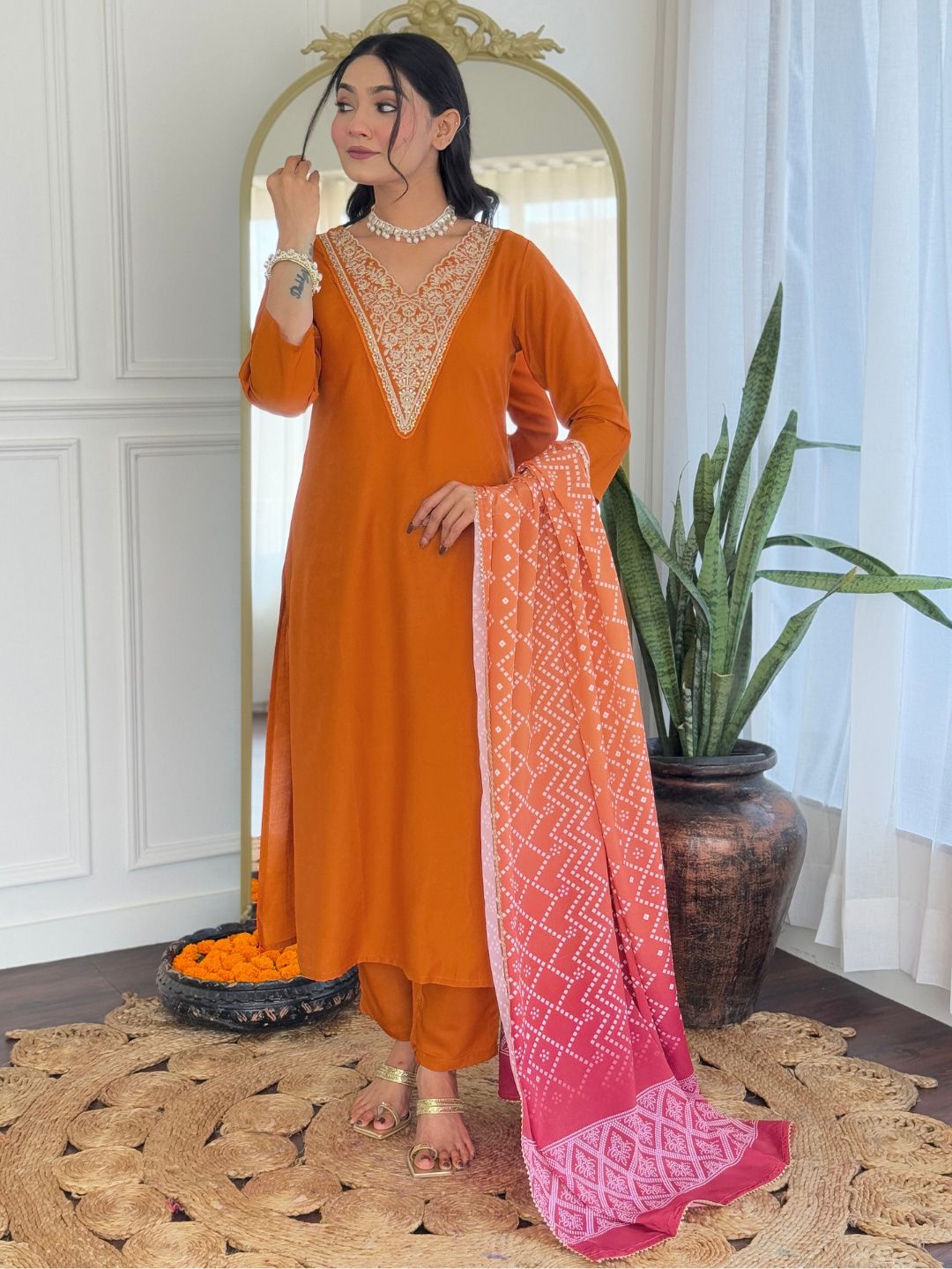 KALINI Women Ethnic Motifs Embroidered Regular Kurta with Trousers & With Dupatta