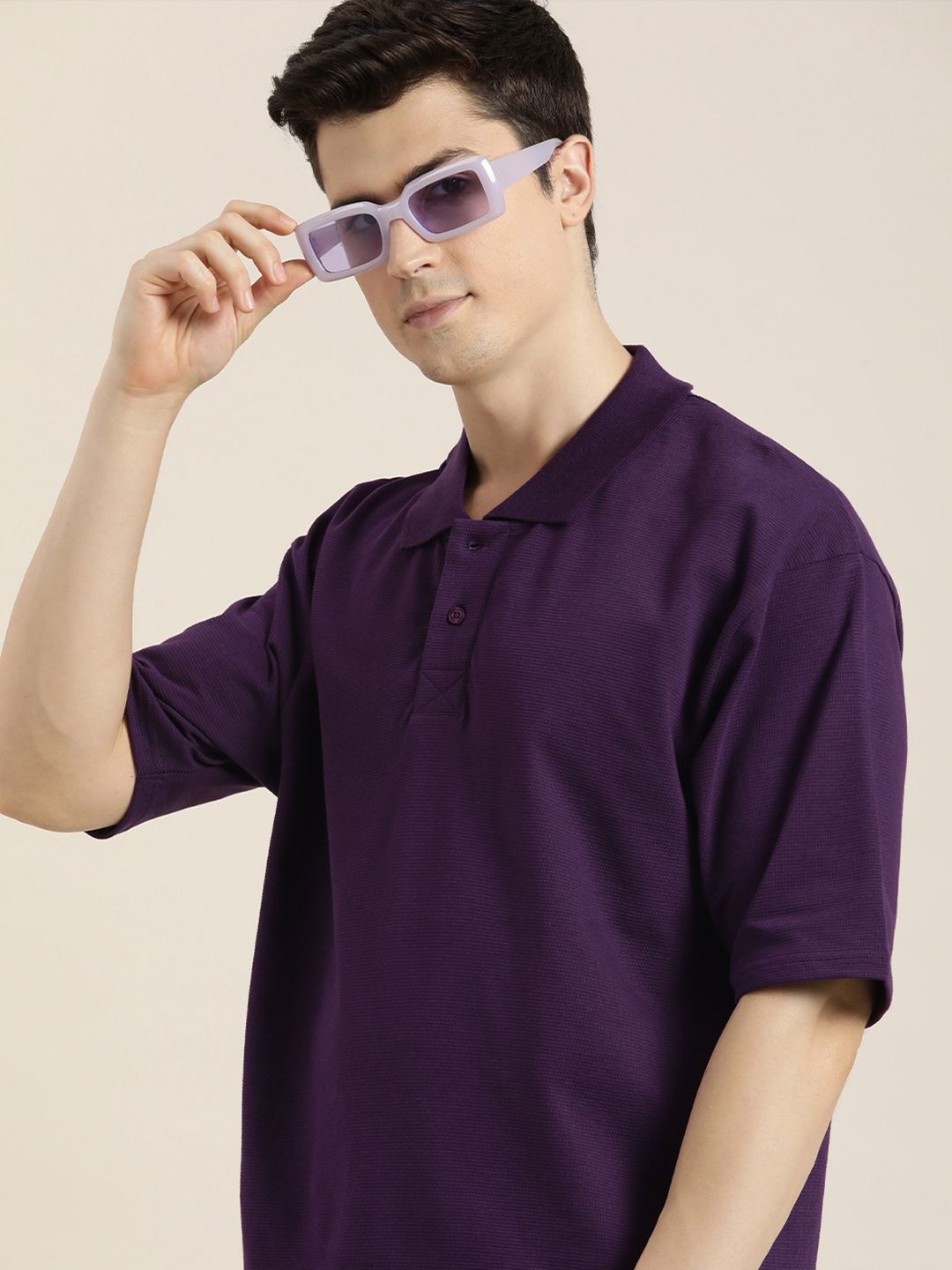 DILLINGER Men Solid Honeycomb Structure Oversized Cotton Polo T-Shirt