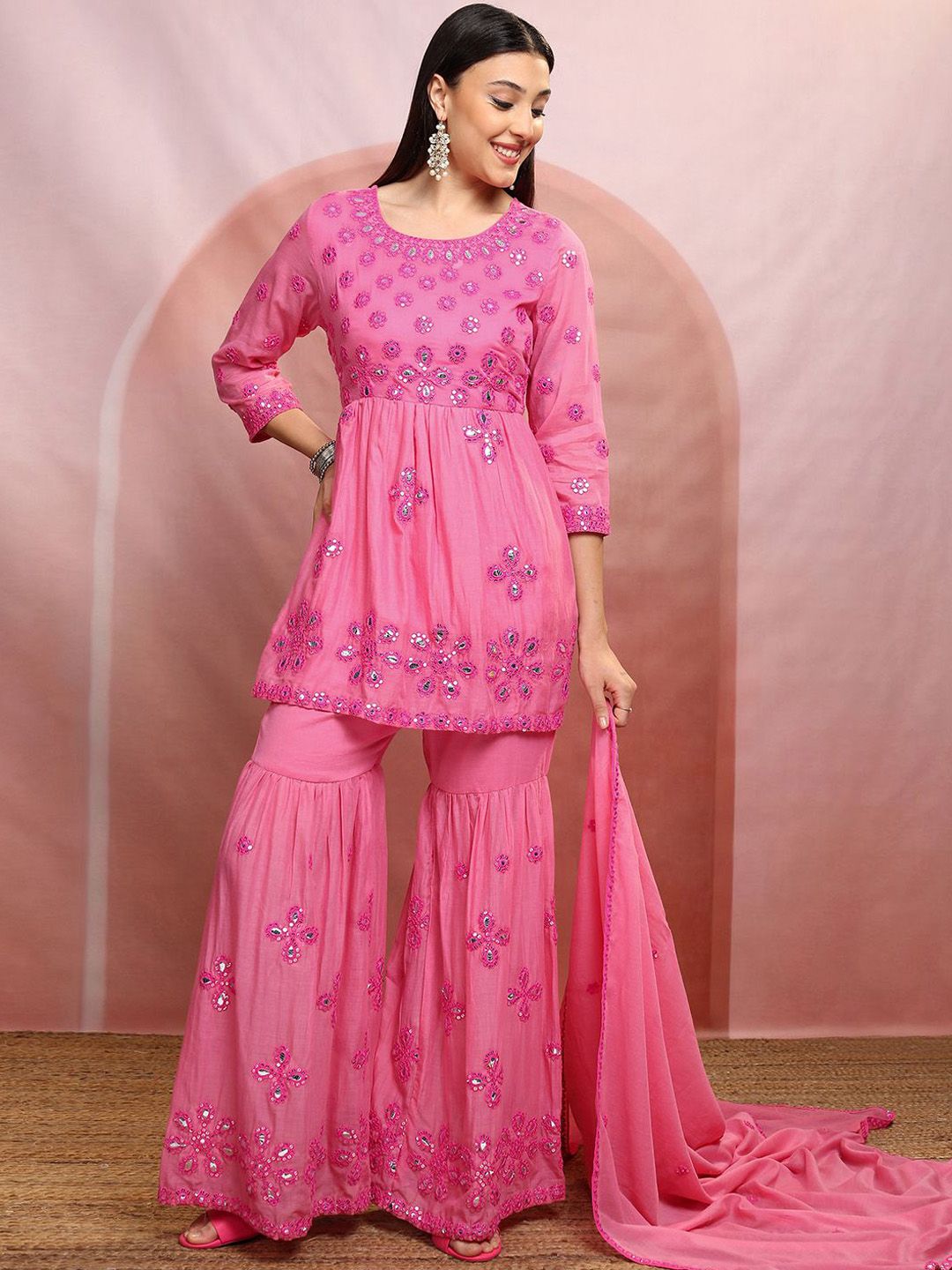 Vishudh Pink Embroidered Mirror Work Pure Cotton A-Line Kurta With Sharara & Dupatta