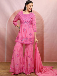 Vishudh Pink Embroidered Mirror Work Pure Cotton A-Line Kurta With Sharara & Dupatta