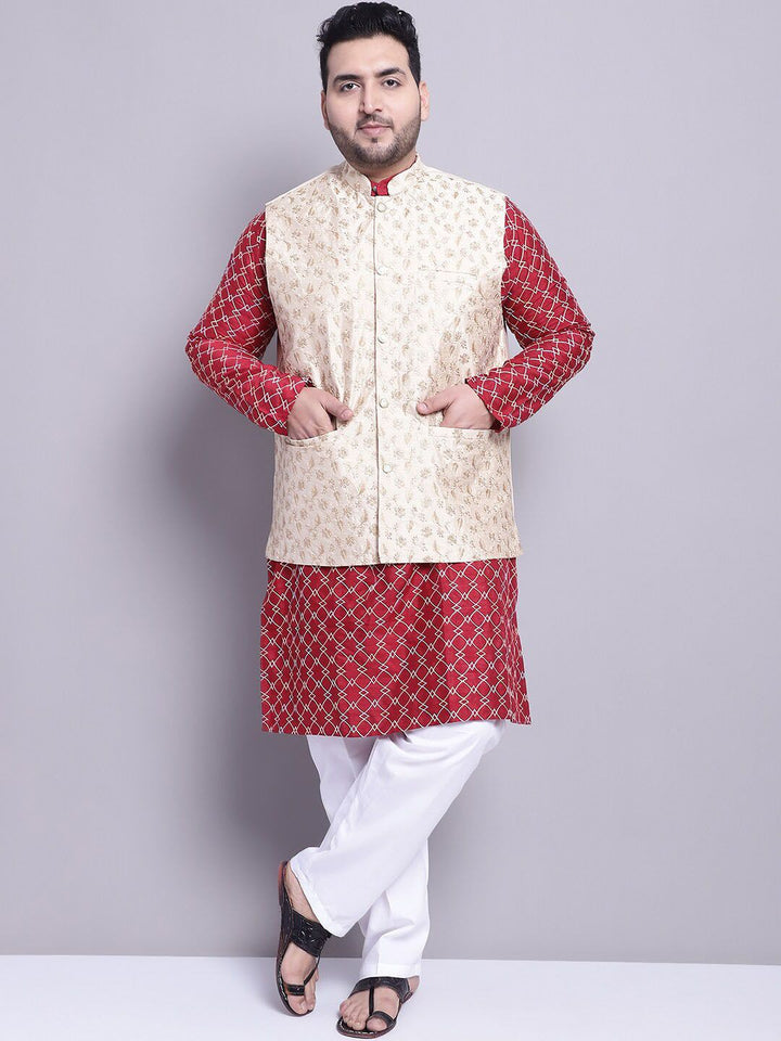 SOJANYA PLUS Plus Size Ethnic Embroidered Kurta With Pyjamas & fEmbroidered Nehru jacket