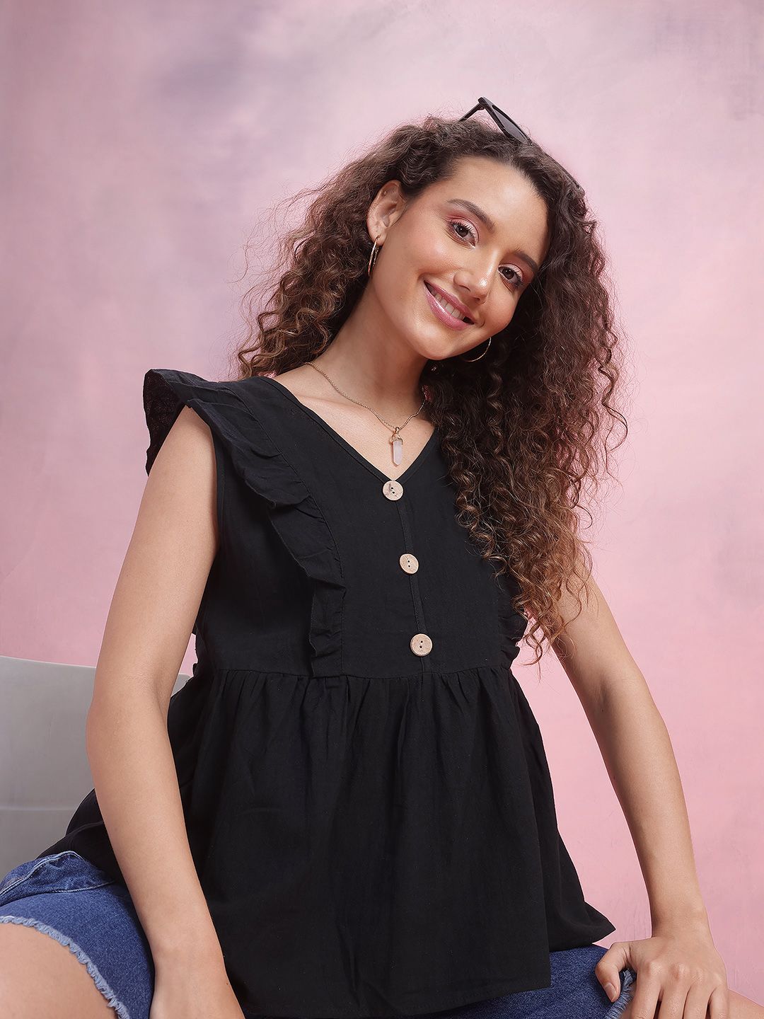 DressBerry Button Detail Ruffles A-Line Top