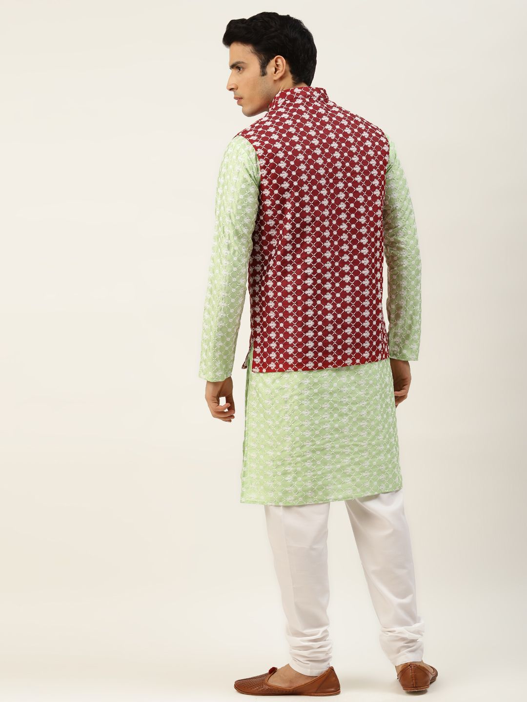 SOJANYA Lelaki Motif Etnik Merah & Hijau Kurta Sulam Churidar