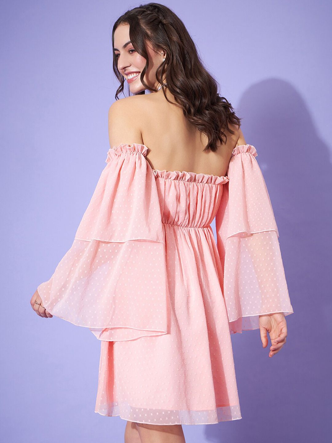Berrylush Self Design Off-Shoulder Ruffled A-Line Dress