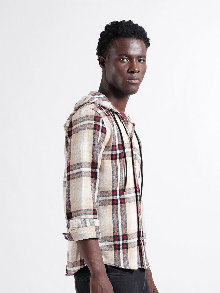 The Indian Garage Co Men Regular Fit Checked Casual Hooded Overshirt