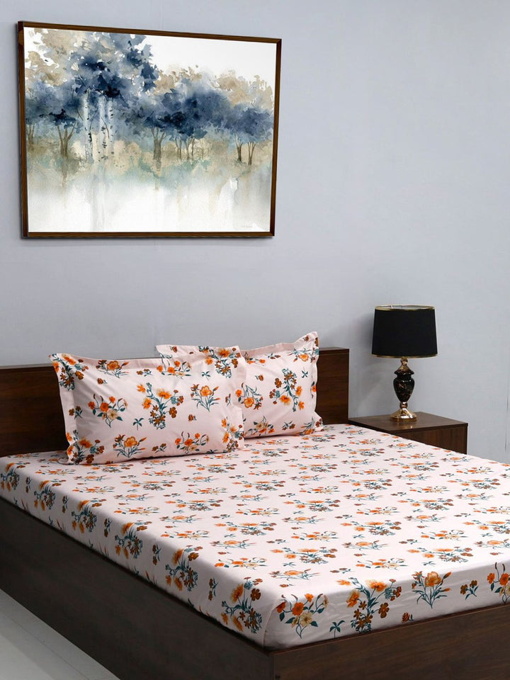 BOMBAY DYEING Pink & Orange Floral 164 TC Cotton Queen Bedsheet With 2 Pillow Covers