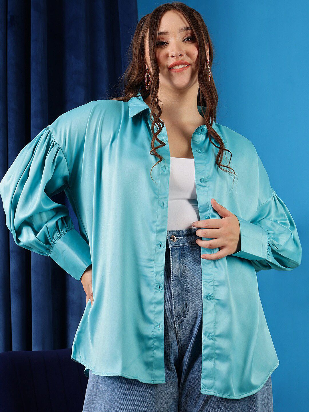 CURVY STREET Comfort Spread Collar Puff Sleeves Oversized  Shirt