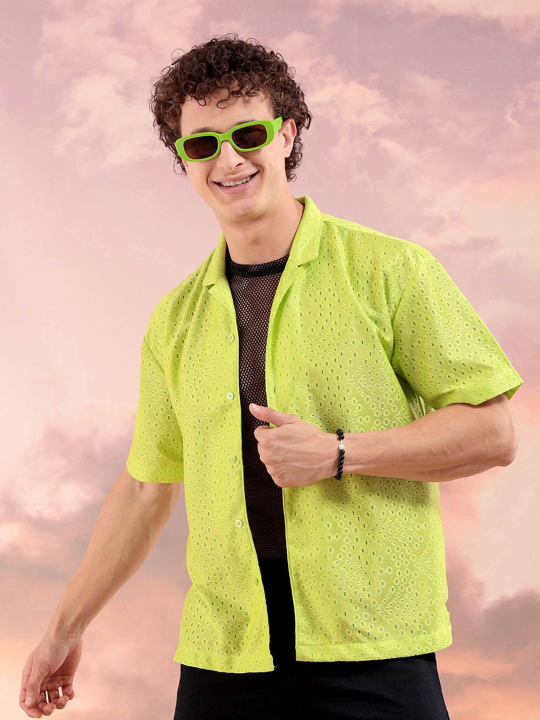 The Indian Garage Co Men Relaxed Fit Solid Warp Knit Lace Resortwear Shirt