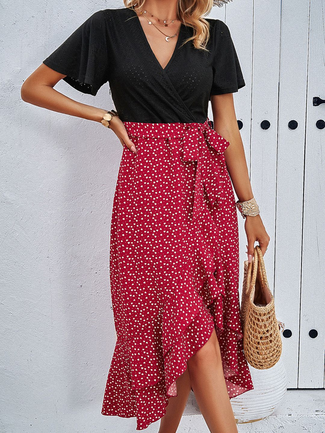 all about you Geometric Print V-Neck Flared Sleeves Fit & Flare Dress