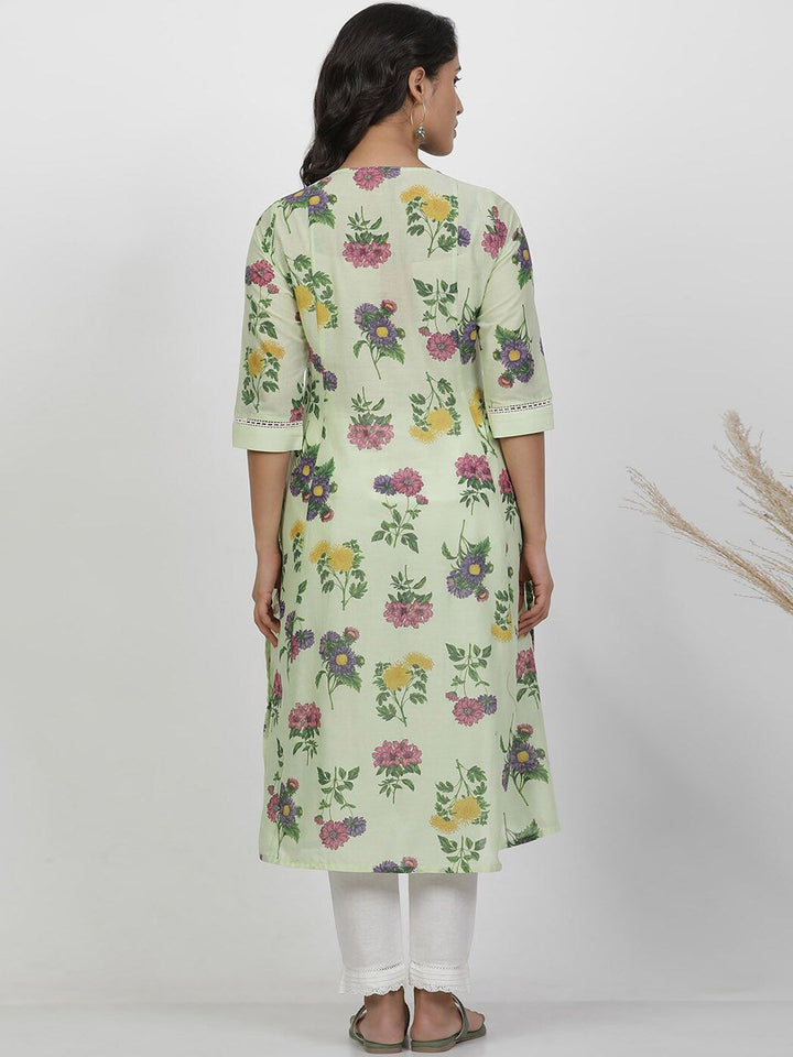 W Round Neck Floral Printed Pleated Cotton A-Line Kurta