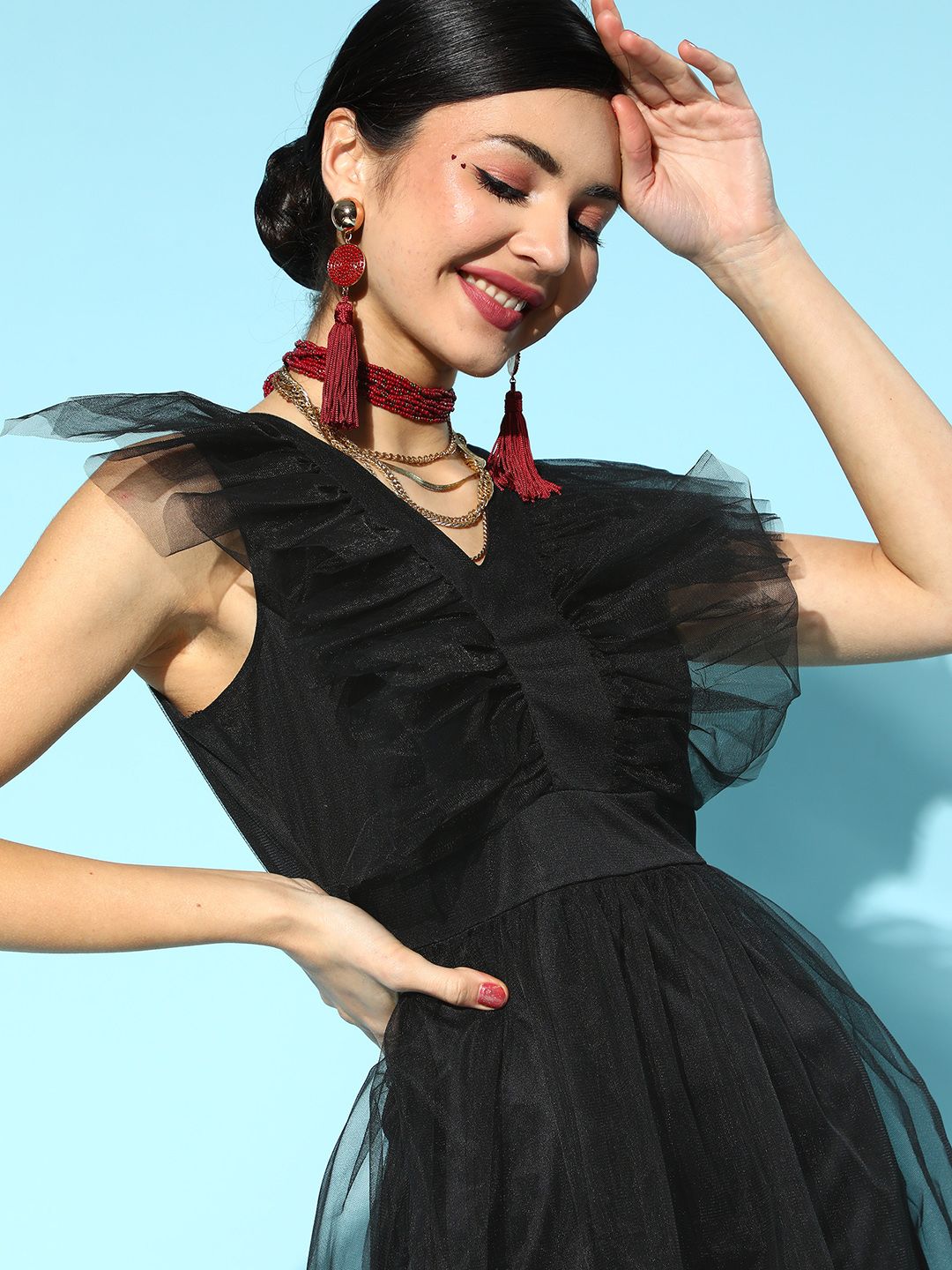 Athena Black Solid Tulle A-Line Dress