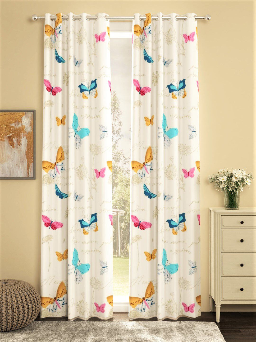 URBAN SPACE Cream-Coloured & Blue Set of 2 Door Curtains