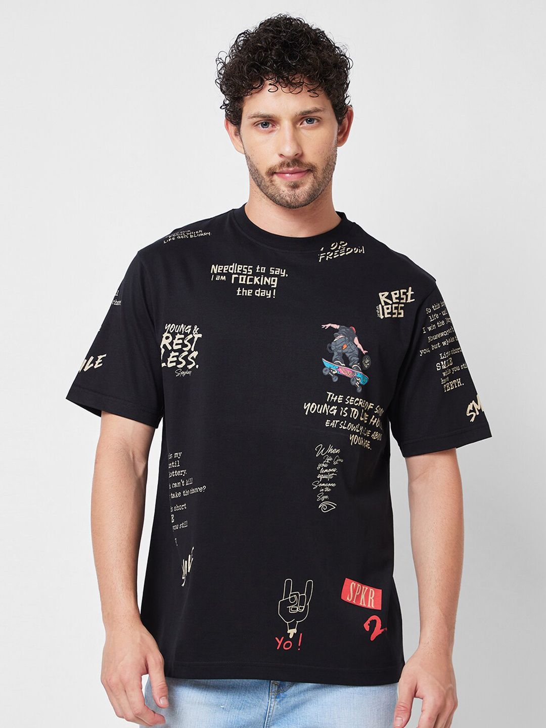 SPYKAR Round Neck Short Sleeves Printed Cotton T-shirt