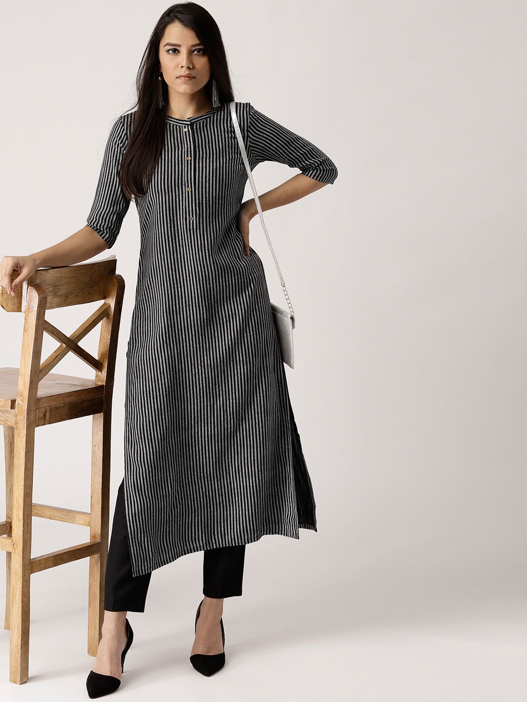 Libas Women Black & Grey Striped Straight Kurta