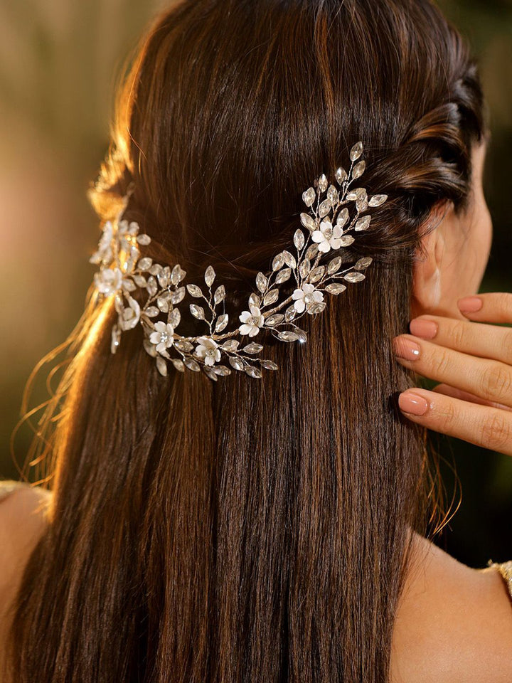 Rubans Silver-Toned Crystal Beaded Floral Tiara Rambut Aksesori dengan Mutiara