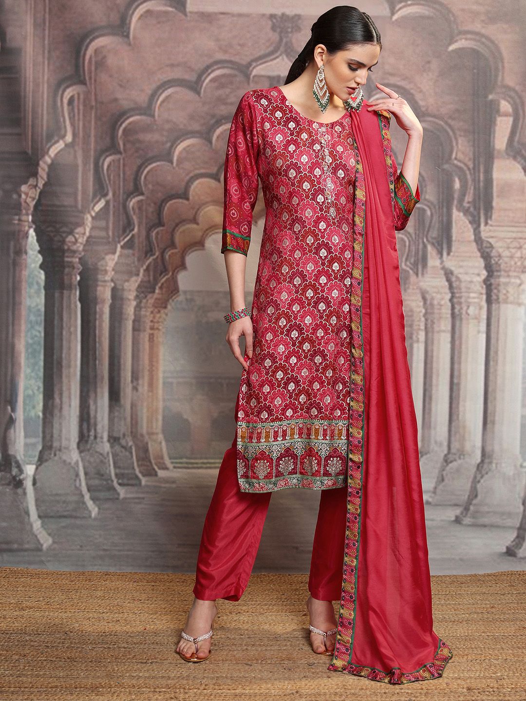 Vishudh Red Ethnic Motifs Printed Straight Kurta With Trousers & Dupatta