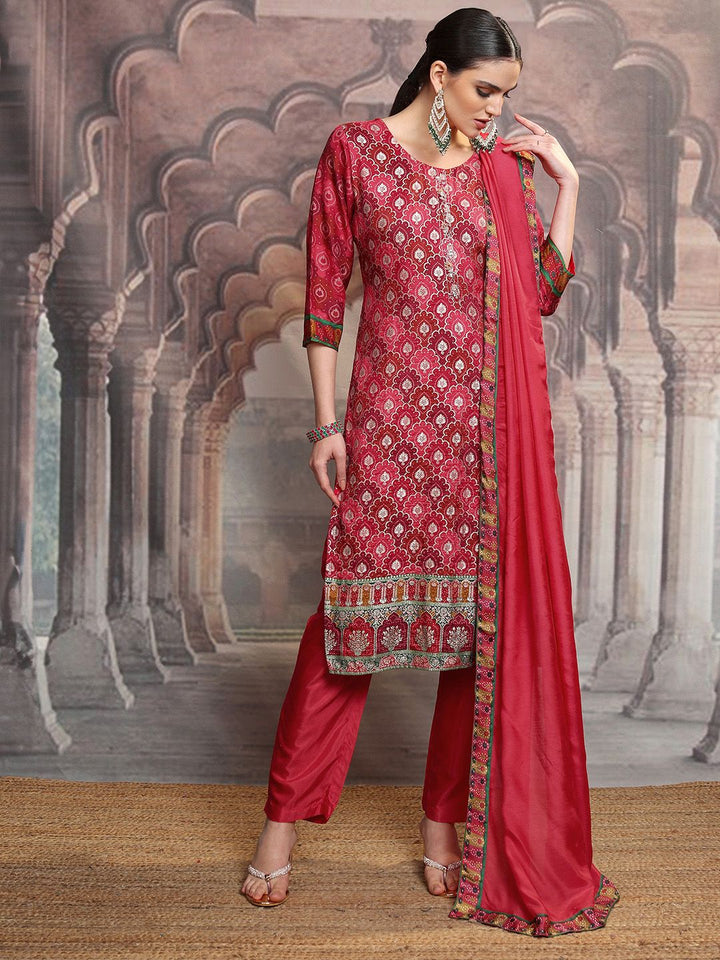 Vishudh Red Ethnic Motifs Printed Straight Kurta With Trousers & Dupatta