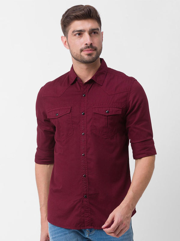 Spykar Men Maroon Slim Fit Casual Shirt
