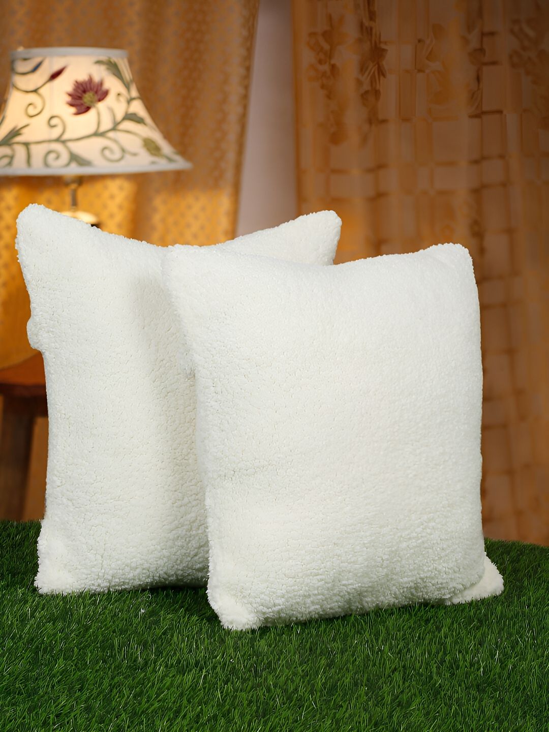 HOSTA HOMES Cream-Coloured 2 Pieces Fur Square Cushion Covers