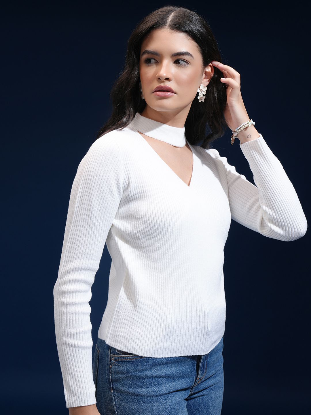 Tokyo Talkies Women Ribbed Choker Neck Pullover