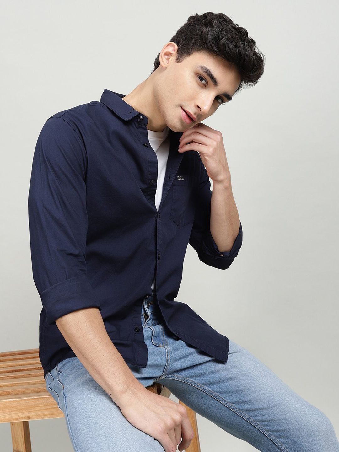 The Indian Garage Co Men Navy Blue Solid Casual Shirt