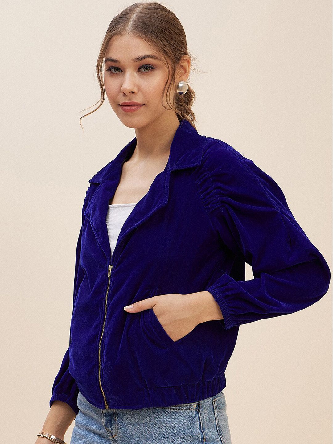 Antheaa Blue Lapel Collar Long Sleeves Velvet Bomber Jacket