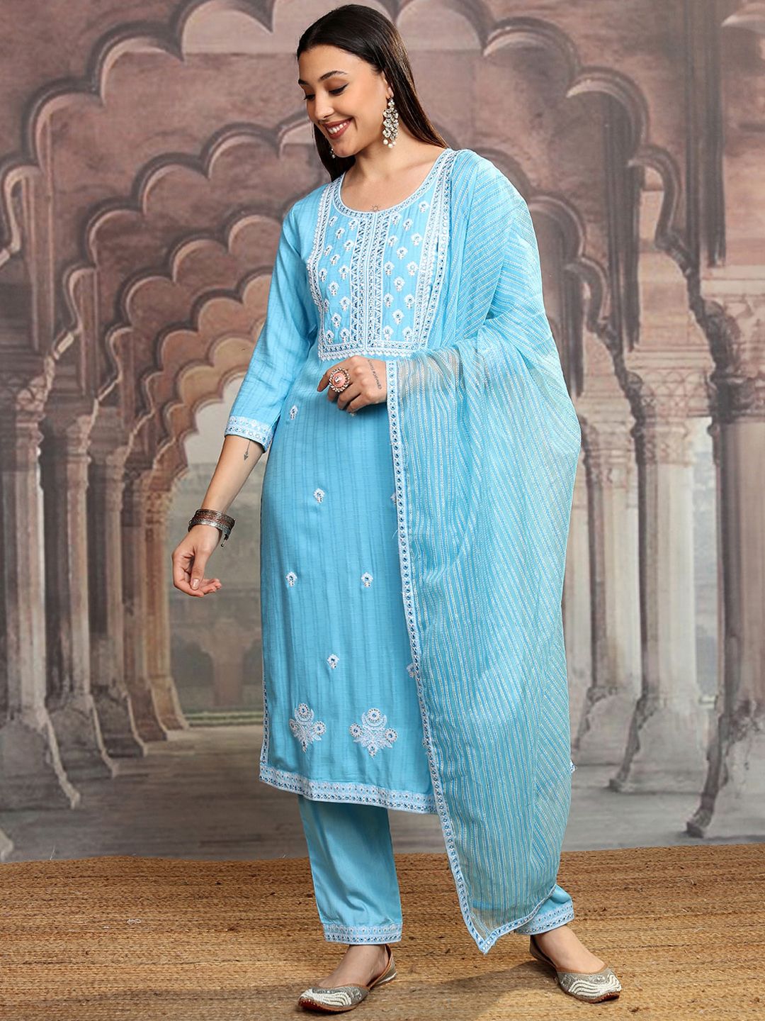 Vishudh Blue Ethnic Motifs Embroidered Thread Work Kurta with Trousers & Dupatta