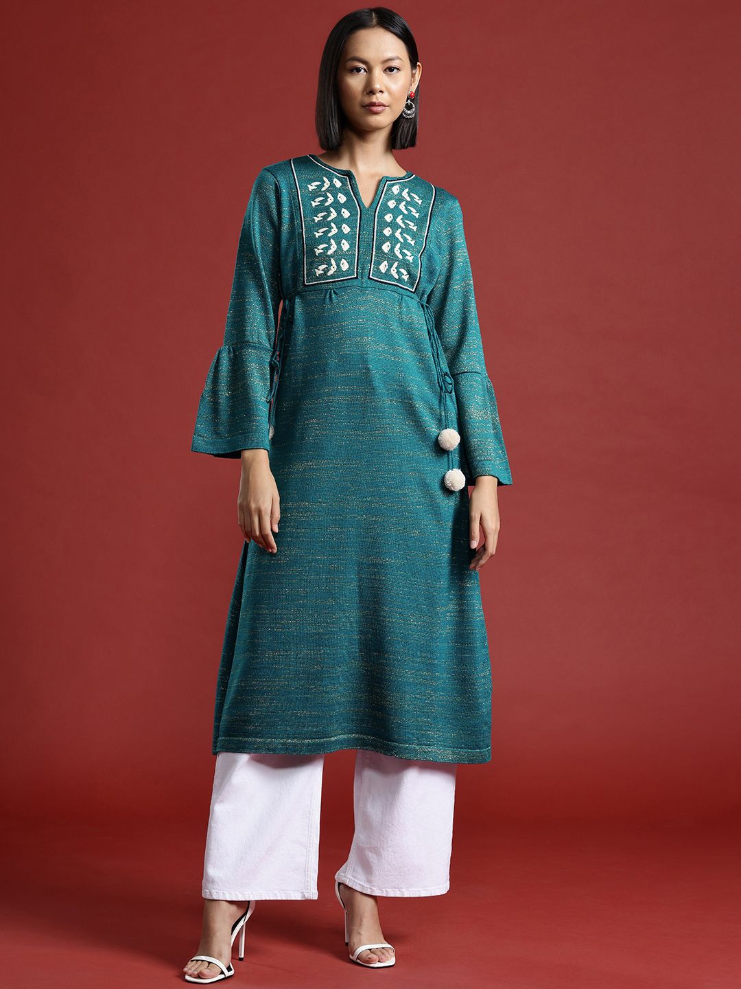 all about you Embroidered Yoke Design Bell Sleeves Kurta