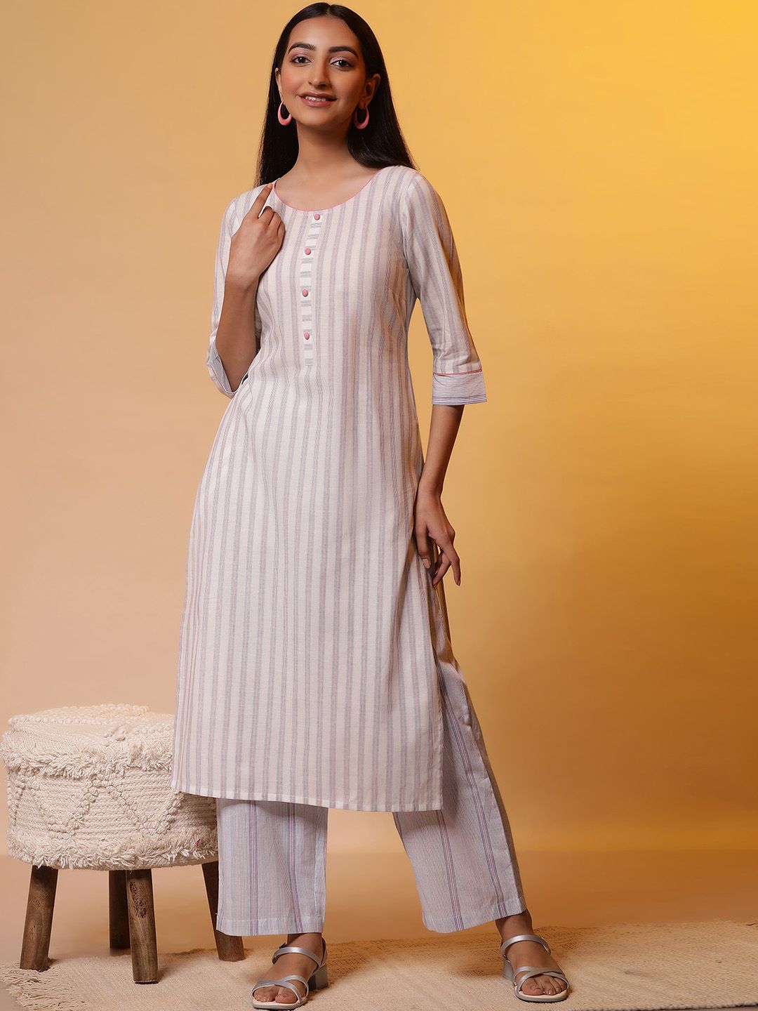 AURELIA Round Neck Striped Regular Pure Cotton Straight Kurta with Palazzos