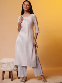 AURELIA Round Neck Striped Regular Pure Cotton Straight Kurta with Palazzos