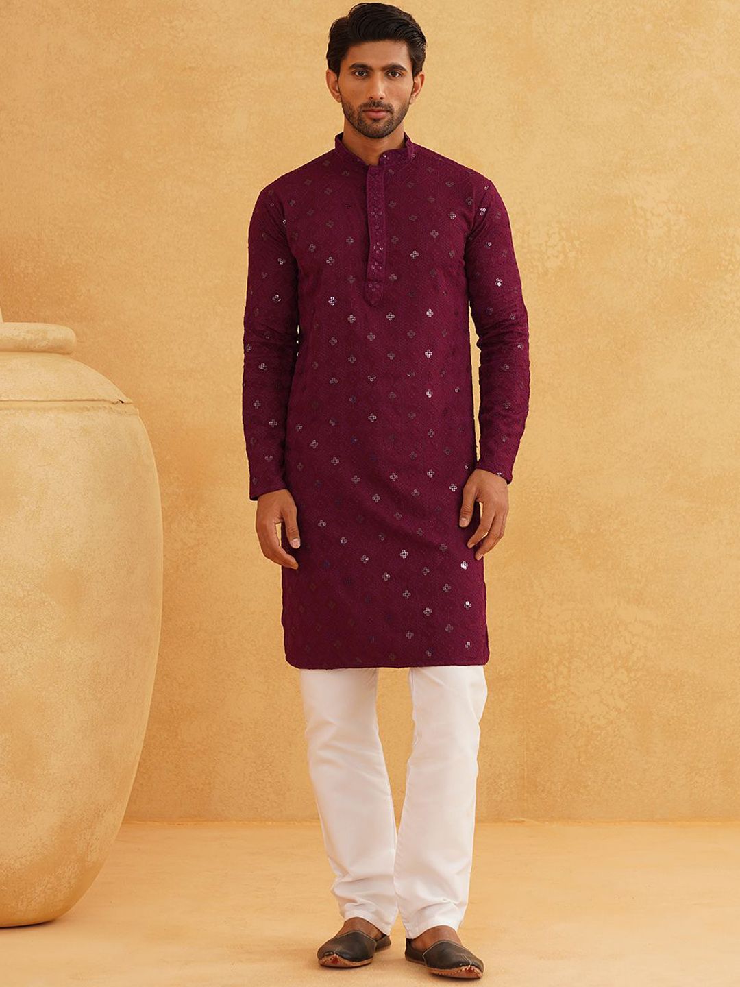 SOJANYA Geometric Embroidered Mandarin Collar Sequinned Pure Cotton Kurta with Churidar