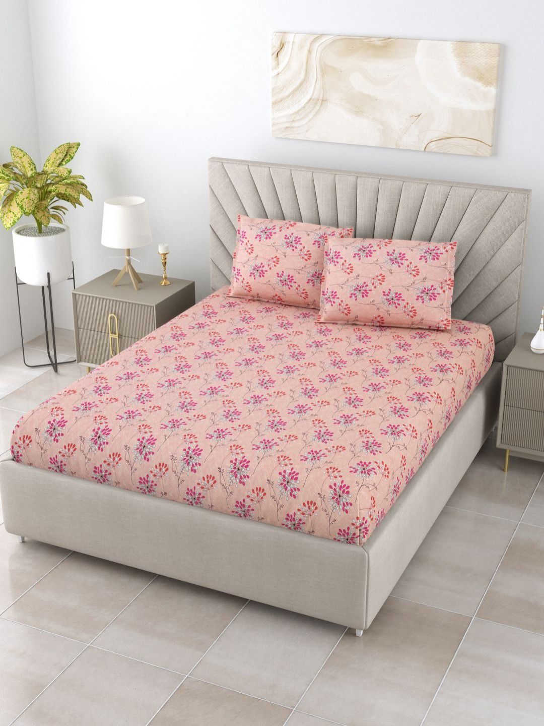 BOMBAY DYEING Red Floral Pure Cotton 120 TC Queen Bedsheet Set 2.24 x 2.54 Mts