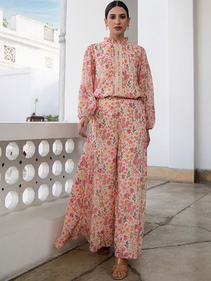 Janasya Women's Beige Georgette Floral Regular Co-ord Set