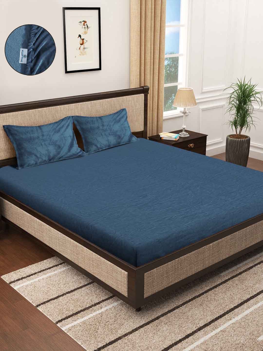 KLOTTHE Turquoise Solid Fitted 400 TC Woolen King Bedsheet With 2 Pillow Covers
