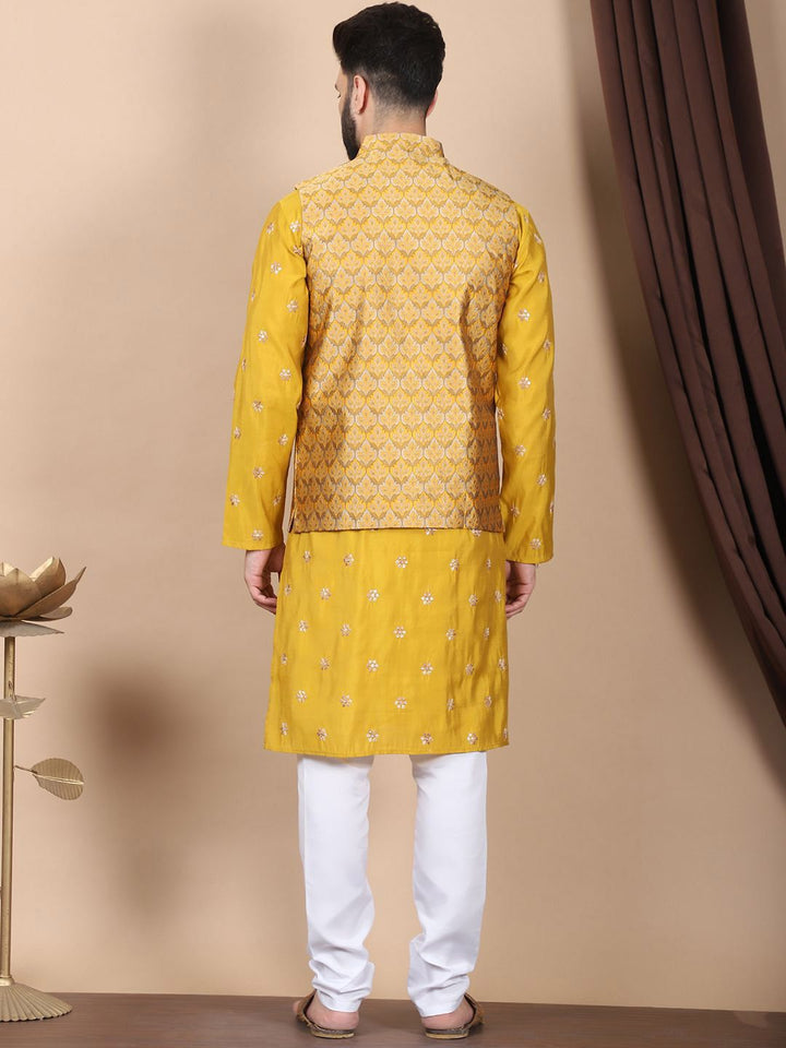 Anouk Mustard-Yellow Floral Embroidered Cotton Silk Kurta with Churidar & Nehru Jacket