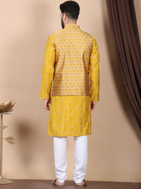Anouk Mustard-Yellow Floral Embroidered Cotton Silk Kurta with Churidar & Nehru Jacket
