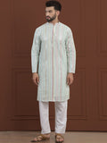 SOJANYA LUXE Striped Embroidered Mandarin Collar Straight Georgette Kurta & Pyjama