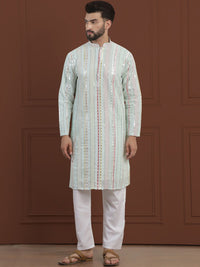 SOJANYA LUXE Striped Embroidered Mandarin Collar Straight Georgette Kurta & Pyjama