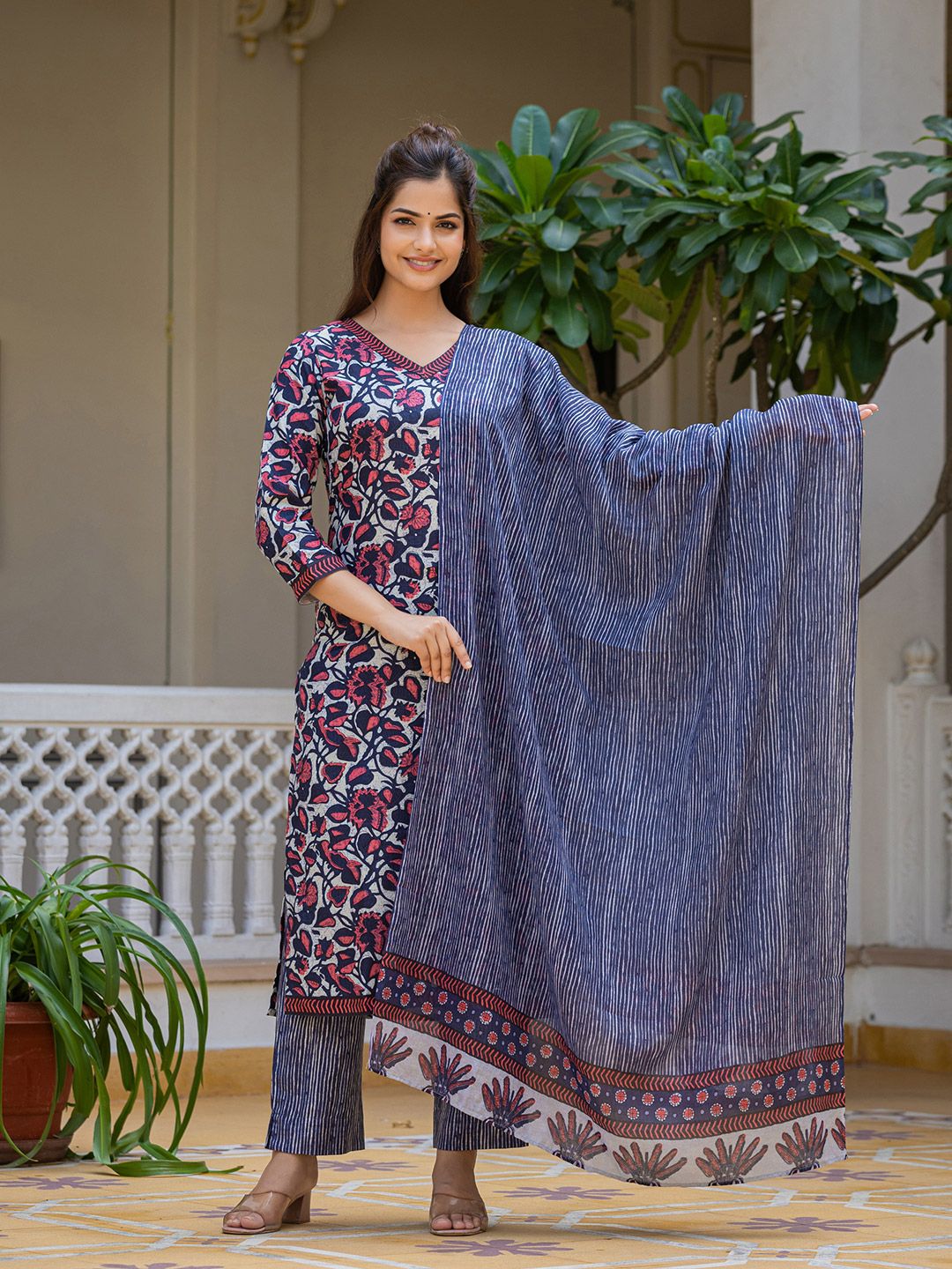KALINI Floral Printed V Neck Straight Kurta With Trousers & Dupatta