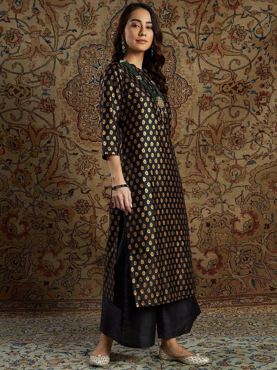 Shae by SASSAFRAS Women Black Floral Embroidered Kurta with Palazzos