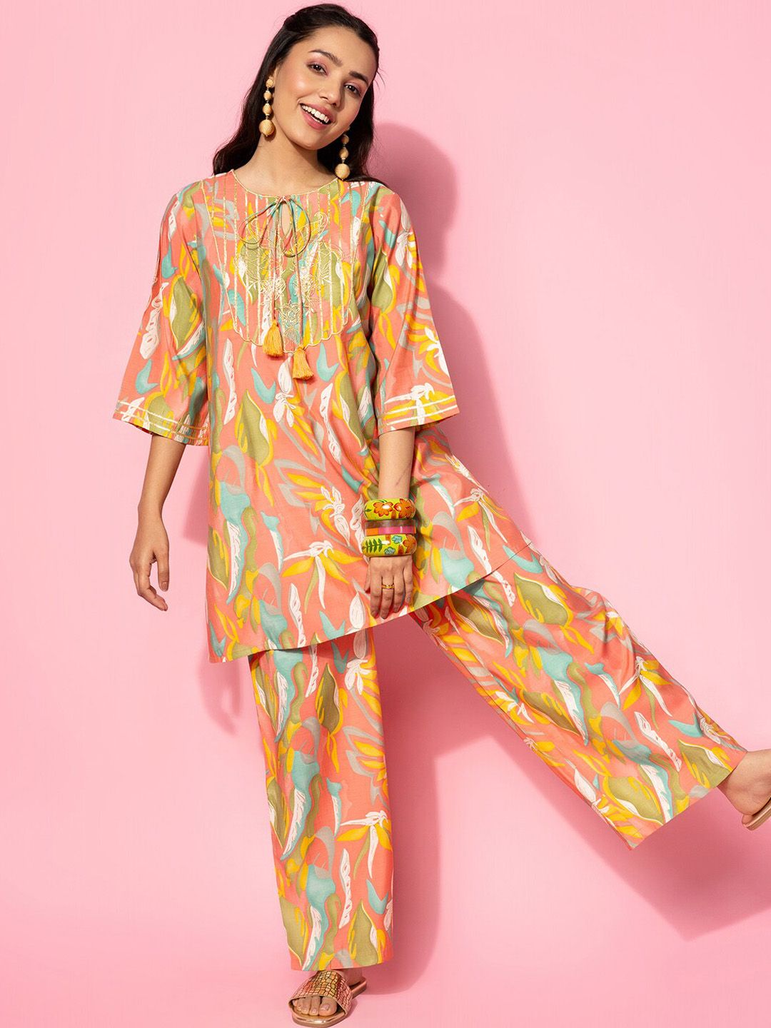 Libas Abstract Printed Gotta Patti Tie Up Neck Tunic With Trouser