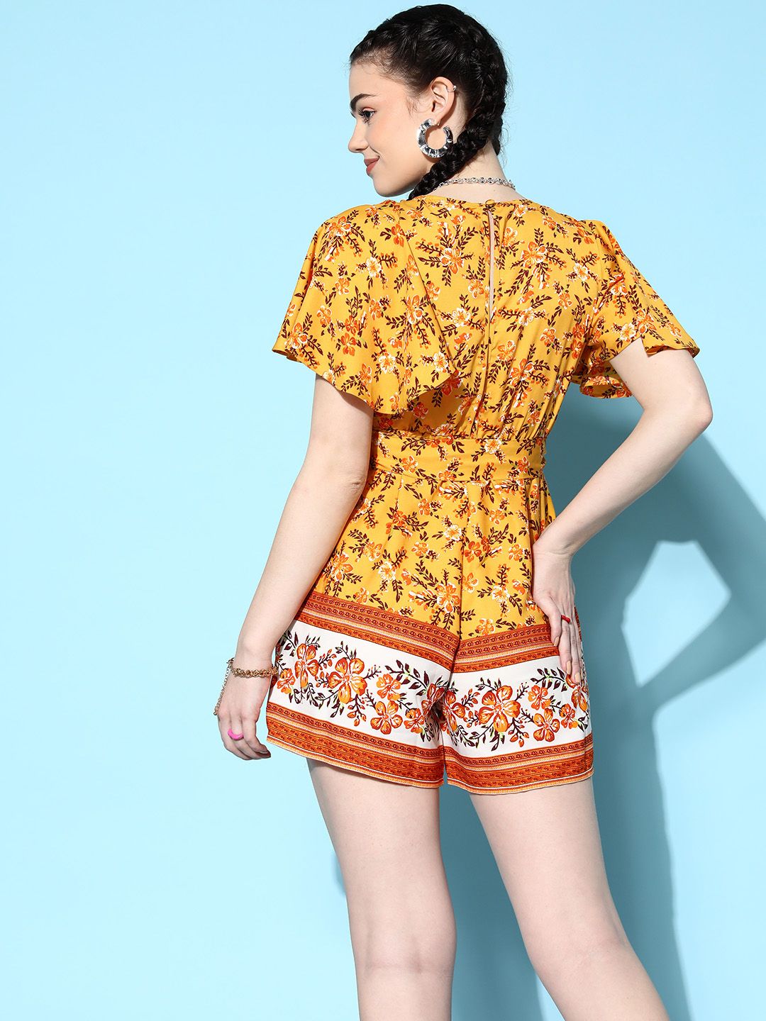 Berrylush Women  Yellow Printed Belted Detail Jumpsuit
