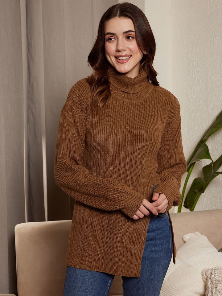 Berrylush Ribbed Longline Turtle Neck Acrylic Pullover Sweater