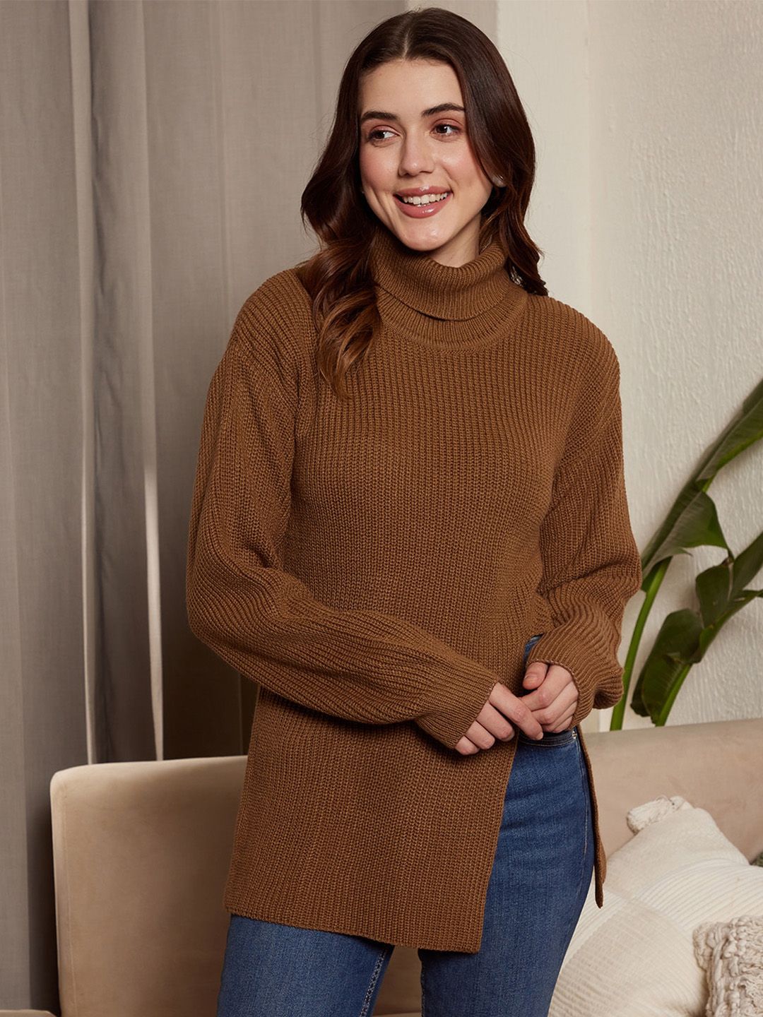 Berrylush Ribbed Longline Turtle Neck Acrylic Pullover Sweater
