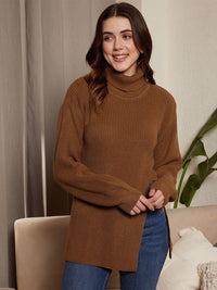 Berrylush Ribbed Longline Turtle Neck Acrylic Pullover Sweater