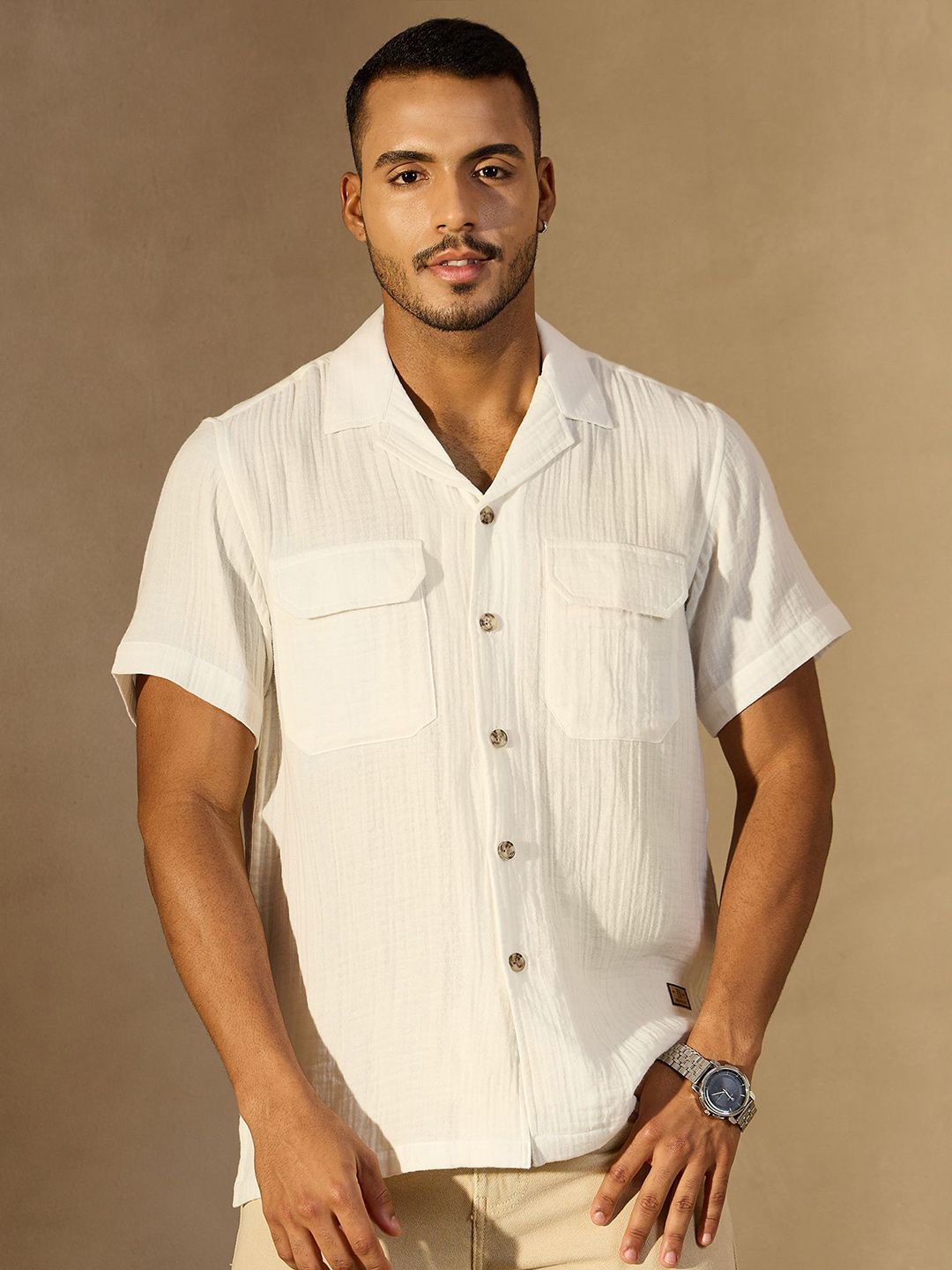 DENNISON Men Self Design Cuban Collar Smart Casual Shirt
